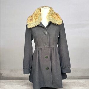 H&M Black Pea Coat with Faux Fur Collar